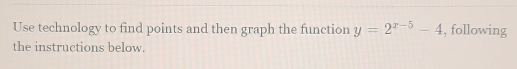 Use technology to find points and then graph the function y=2^(x-5)-4 , following 
the instructions below.