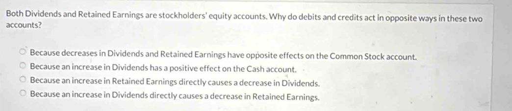 Both Dividends and Retained Earnings are stockholders' equity accounts. Why do debits and credits act in opposite ways in these two
accounts?
Because decreases in Dividends and Retained Earnings have opposite effects on the Common Stock account.
Because an increase in Dividends has a positive effect on the Cash account.
Because an increase in Retained Earnings directly causes a decrease in Dividends.
Because an increase in Dividends directly causes a decrease in Retained Earnings.