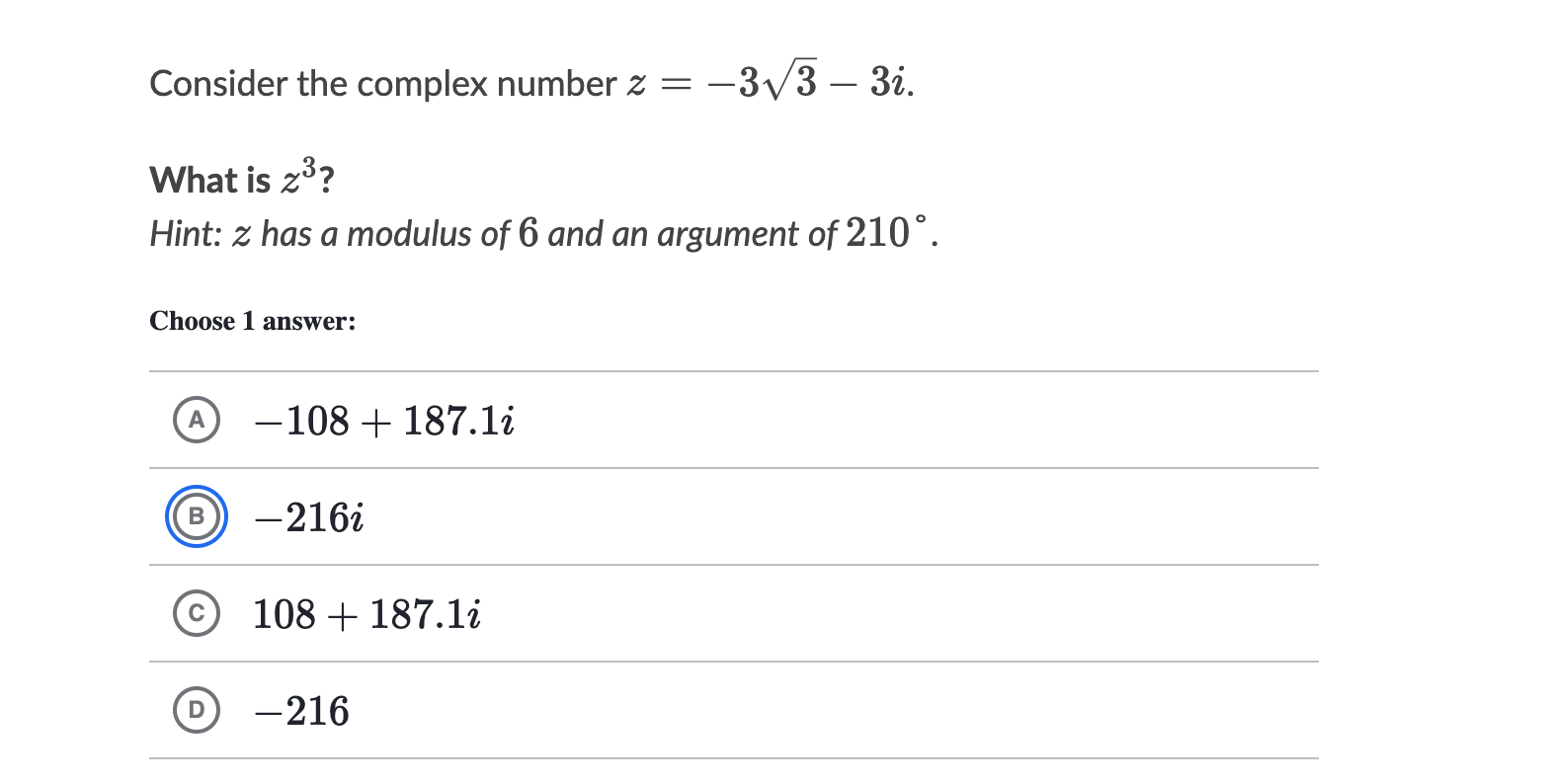 Solved: Consider the complex number z=-3sqrt(3)-3i. What is z^3 ? Hint ...