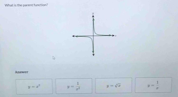 What is the parent function?
Answer
y=x^2
y= 1/x^2 
y=sqrt[3](x)
y= 1/x 