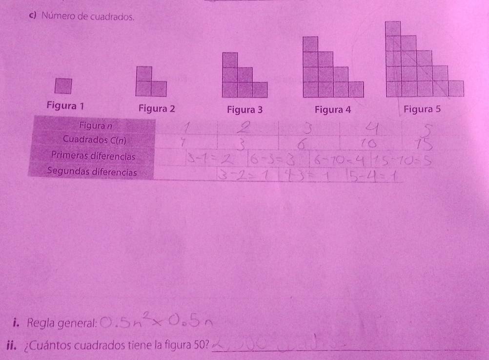 Número de cuadrados. 
Figura 1 Figura 2 Figura 3 Figura 4 Figura 5 
Figura n 
Cuadrados C(n)
Primeras diferencias 
Segundas diferencias 
i. Regla general: 
¿Cuántos cuadrados tiene la figura 50?_