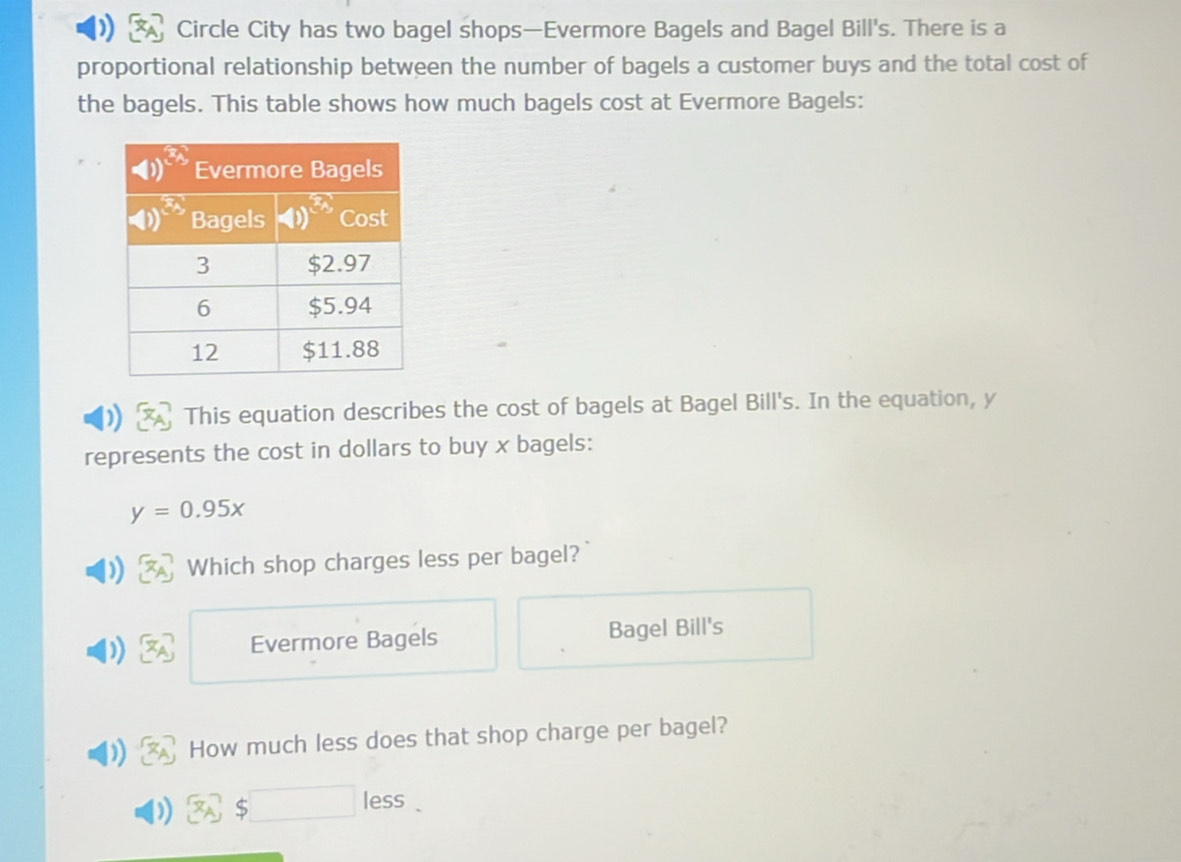 ) Circle City has two bagel shops—Evermore Bagels and Bagel Bill's. There is a
proportional relationship between the number of bagels a customer buys and the total cost of
the bagels. This table shows how much bagels cost at Evermore Bagels:
This equation describes the cost of bagels at Bagel Bill's. In the equation, y
represents the cost in dollars to buy x bagels:
y=0.95x
Which shop charges less per bagel?
Evermore Bagels Bagel Bill's
How much less does that shop charge per bagel?
∴ ∠ D,4) less