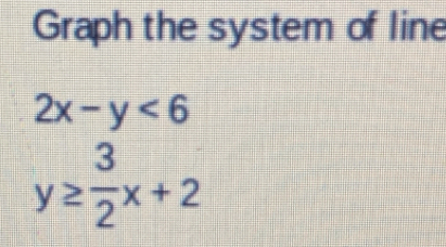 Graph the system of line
2x-y<6</tex>
y≥  3/2 x+2