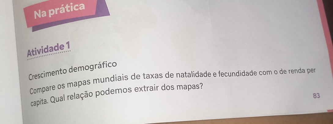 Na prática 
Atividade 1 
Crescimento demográfico 
Compare os mapas mundiais de taxas de natalidade e fecundidade com o de renda per 
capita. Qual relação podemos extrair dos mapas? 
83