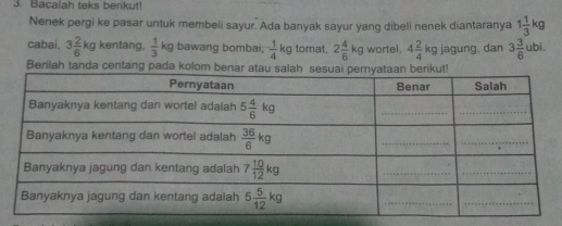 Bacalah teks berikut!
Nenek pergi ke pasar untuk membeli sayur. Ada banyak sayur yang dibeli nenek diantaranya 1 1/3 kg
cabai, 3 2/6 kg kentang.  1/3 kg bawang bombai;  1/4 kg tomat, 2 4/6 kg wortel, 4 2/4 kg jagung. dan 3 3/6 ubi.
Berilah tanda centang pada kolom bena