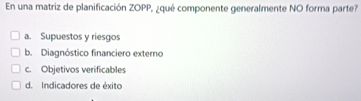 Resuelto:En una matriz de planificación ZOPP, ¿qué componente ...