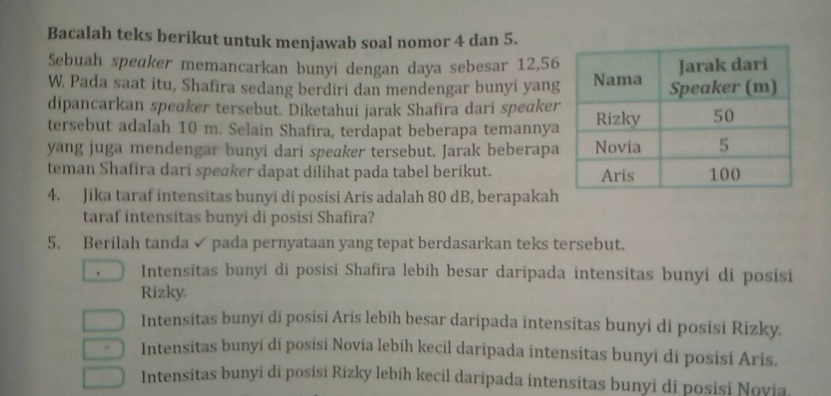 Bacalah teks berikut untuk menjawab soal nomor 4 dan 5.
Sebuah speɑker memancarkan bunyi dengan daya sebesar 12, 56
W. Pada saat itu, Shafira sedang berdiri dan mendengar bunyi yang
dipancarkan speaker tersebut. Diketahui jarak Shafira dari speaker
tersebut adalah 10 m. Selain Shafira, terdapat beberapa temannya
yang juga mendengar bunyi dari speaker tersebut. Jarak beberapa
teman Shafira dari speaker dapat dilihat pada tabel berikut. 
4. Jika taraf intensitas bunyi di posisi Aris adalah 80 dB, berapakah
taraf intensitas bunyi di posisi Shafira?
5. Berilah tanda √ pada pernyataan yang tepat berdasarkan teks tersebut.
Intensitas bunyi di posisi Shafira lebih besar daripada intensitas bunyi di posisi
Rizky.
Intensitas bunyi di posisi Aris lebih besar daripada intensitas bunyi di posisi Rizky
Intensitas bunyi di posisi Novia lebih kecil daripada intensitas bunyi di posisi Aris.
Intensitas bunyi di posisi Rizky lebih kecil daripada intensitas bunyi di posisi Novia