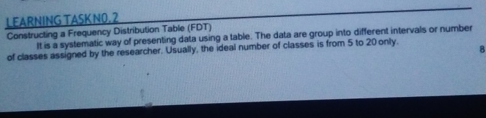 LEARNINGTASKNO.2
Constructing a Frequency Distribution Table (FDT)
It is a systematic way of presenting data using a table. The data are group into different intervals or number
of classes assigned by the researcher. Usually, the ideal number of classes is from 5 to 20 only.
8