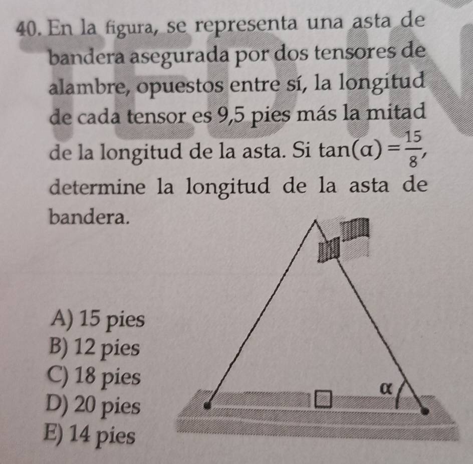 En la figura, se representa una asta de
bandera asegurada por dos tensores de
alambre, opuestos entre sí, la longitud
de cada tensor es 9,5 pies más la mitad
de la longitud de la asta. Si tan (alpha )= 15/8 , 
determine la longitud de la asta de
bandera.
A) 15 pies
B) 12 pies
C) 18 pies
D) 20 pies
E) 14 pies