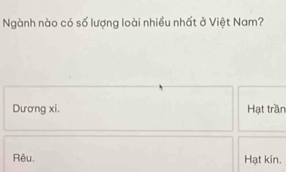 Ngành nào có số lượng loài nhiều nhất ở Việt Nam?
Dương xi. Hạt trần
Rêu. Hạt kín.