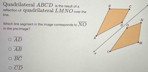 Quadrilateral ABCD is the result of a
reflection of quadrilateral LMNO over the
line.
Which line segment in the image corresponds to overline NO
in the pre-image?
overline AD
overline AB
overline BC
overline CD