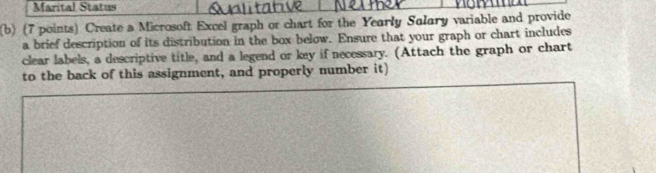 Marital Status 
(b) (7 points) Create a Microsoft Excel graph or chart for the Yearly Salary variable and provide 
a brief description of its distribution in the box below. Ensure that your graph or chart includes 
clear labels, a descriptive title, and a legend or key if necessary. (Attach the graph or chart 
to the back of this assignment, and properly number it)
