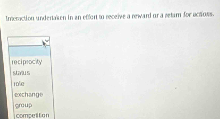 Interaction undertaken in an effort to receive a reward or a return for actions,
reciprocity
status
role
exchange
group
competition