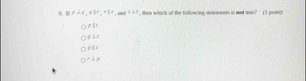 If p⊥ q, qparallel r, rparallel s , and s⊥ t , then which of the following statements is not true? (I point)
pparallel t
q⊥ t
pparallel s
r⊥ p