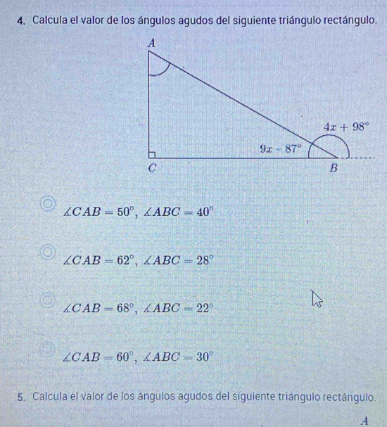 Solved: Calcula el valor de los ángulos agudos del siguiente triángulo ...