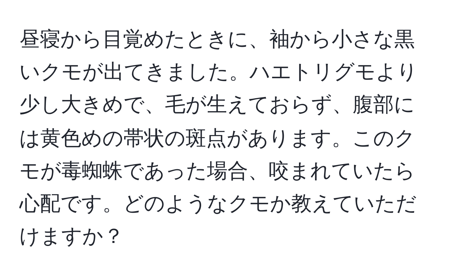 昼寝から目覚めたときに、袖から小さな黒いクモが出てきました。ハエトリグモより少し大きめで、毛が生えておらず、腹部には黄色めの帯状の斑点があります。このクモが毒蜘蛛であった場合、咬まれていたら心配です。どのようなクモか教えていただけますか？