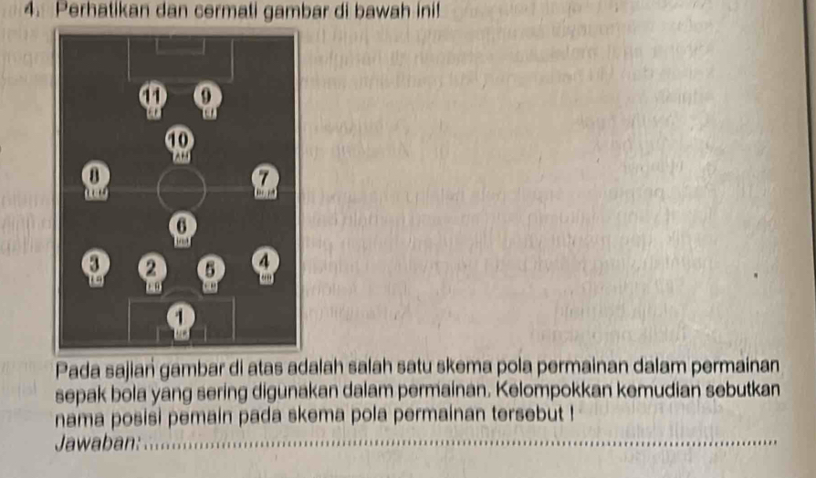 Perhatikan dan cermati gambar di bawah ini! 
Pada sajian gambar di atas adalah salah satu skema pola permainan dalam permainan 
sepak bóla yang sering digunakan dalam permainan. Kelompokkan kemudian sebutkan 
nama posisi pemain pada skema pola permainan tersebut ! 
Jawaban:_