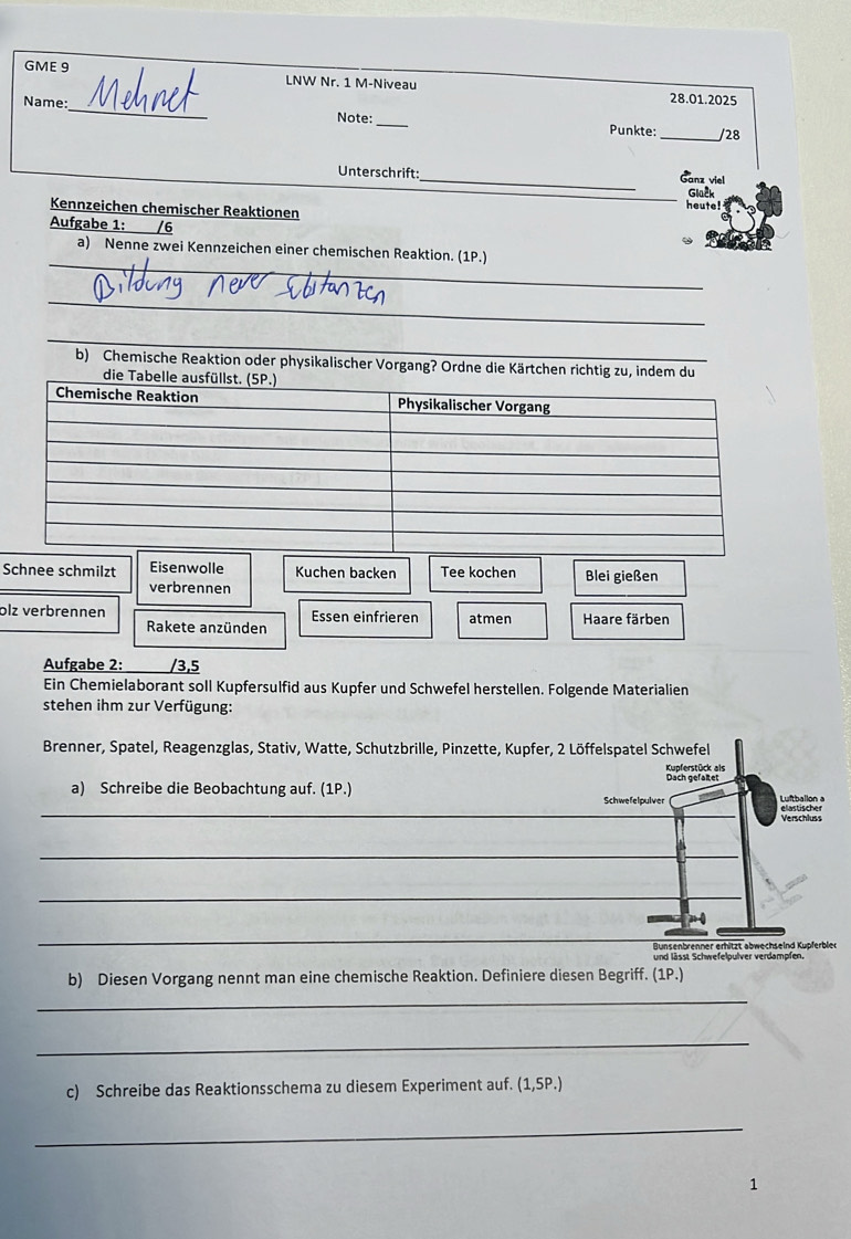 GME 9 28.01.2025
Name: h ne LNW Nr. 1 M-Niveau
Note:_ Punkte:_ /28
Unterschrift:_ Ganz viel
Glack
heute!
Kennzeichen chemischer Reaktionen
Aufgabe 1: /6
_
_
a) Nenne zwei Kennzeichen einer chemischen Reaktion. (1P.)
_
_
_
b) Chemische Reaktion oder physikalischer Vorgang? Ordne die Kärtchen richtig zu, indem du
die Tabelle ausfüllst. (5P.)
Chemische Reaktion Physikalischer Vorgang
Schnee schmilzt Eisenwolle Kuchen backen Tee kochen Blei gießen
verbrennen
olz verbrennen Essen einfrieren atmen Haare färben
Rakete anzünden
Aufgabe 2: /3,5
Ein Chemielaborant soll Kupfersulfid aus Kupfer und Schwefel herstellen. Folgende Materialien
stehen ihm zur Verfügung:
Brenner, Spatel, Reagenzglas, Stativ, Watte, Schutzbrille, Pinzette, Kupfer, 2 Löffelspatel Schwefel
Kupferstück als
a) Schreibe die Beobachtung auf. (1P.) Lftballon a
_
Schwefelpulver
Verschluss
_
_
_
Bunsenbrenner erhitzt abwechseind Kupferble
und lässt Schwefelpulver verdampfen.
_
b) Diesen Vorgang nennt man eine chemische Reaktion. Definiere diesen Begriff. (1P.)
_
c) Schreibe das Reaktionsschema zu diesem Experiment auf. (1,5P.)
_
1