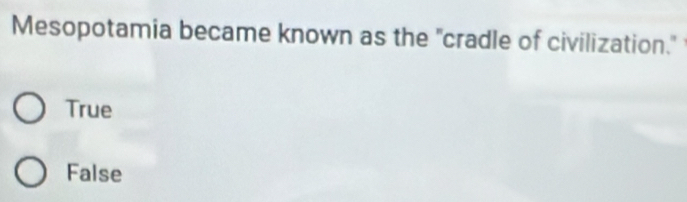 Mesopotamia became known as the "cradle of civilization."
True
False