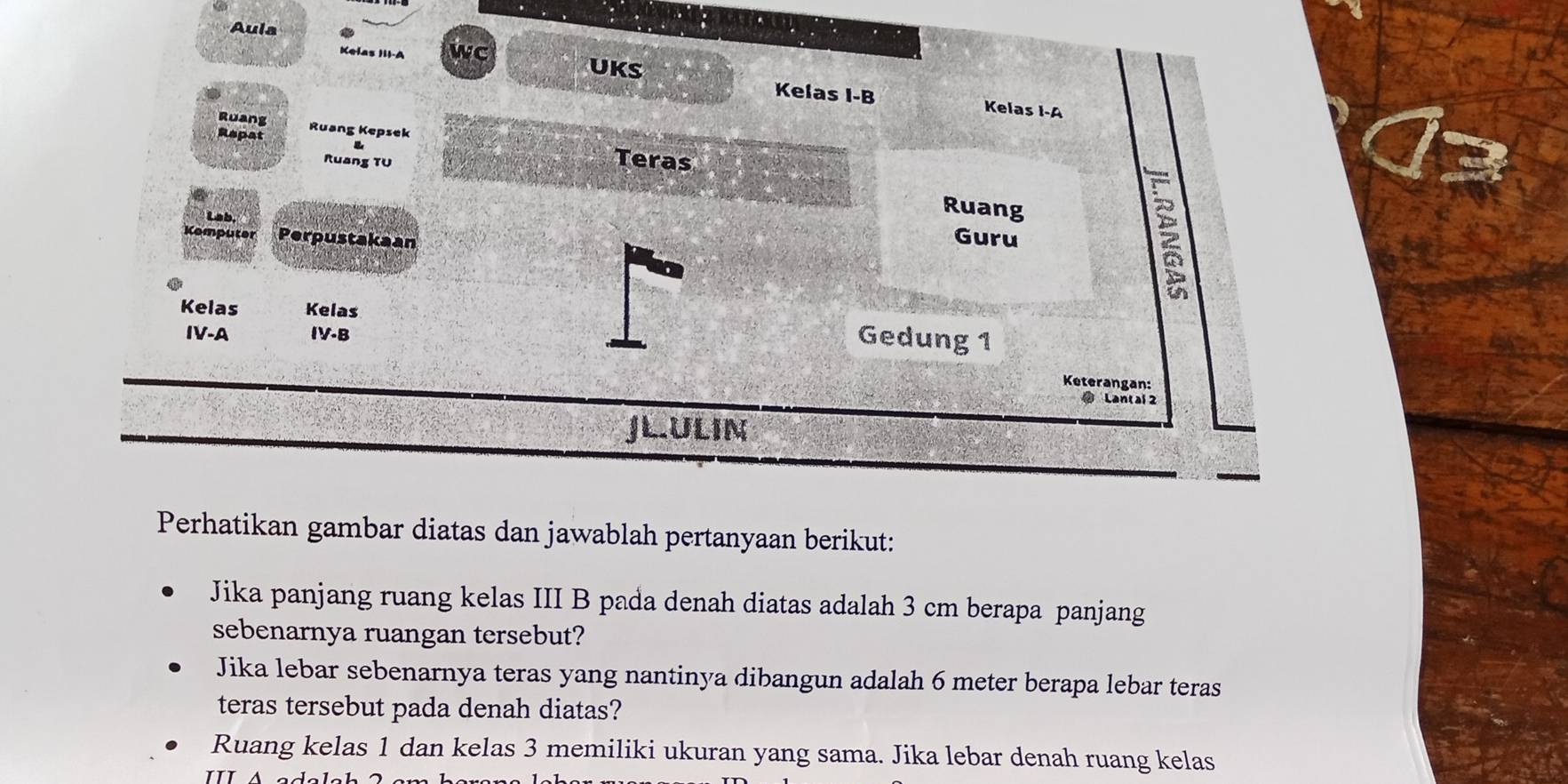 Aula 
Kelas III-A wc UKS 
Kelas I-B Kelas I-A 
Ruang 
Repat Ruang Kepsek 
Ruang TU 
Teras 
Lab, 
Ruang 
Kemputer Perpustakaan 
Guru 

Kelas Kelas 
IV-A IV.B 
Gedung 1 
Keterangan: 
Lantal 2 
JL.ULIN 
Perhatikan gambar diatas dan jawablah pertanyaan berikut: 
Jika panjang ruang kelas III B pada denah diatas adalah 3 cm berapa panjang 
sebenarnya ruangan tersebut? 
Jika lebar sebenarnya teras yang nantinya dibangun adalah 6 meter berapa lebar teras 
teras tersebut pada denah diatas? 
Ruang kelas 1 dan kelas 3 memiliki ukuran yang sama. Jika lebar denah ruang kelas