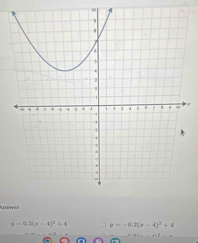 x
Answer
y=0.2(x-4)^2+4
y=-0.2(x-4)^2+4
42
12