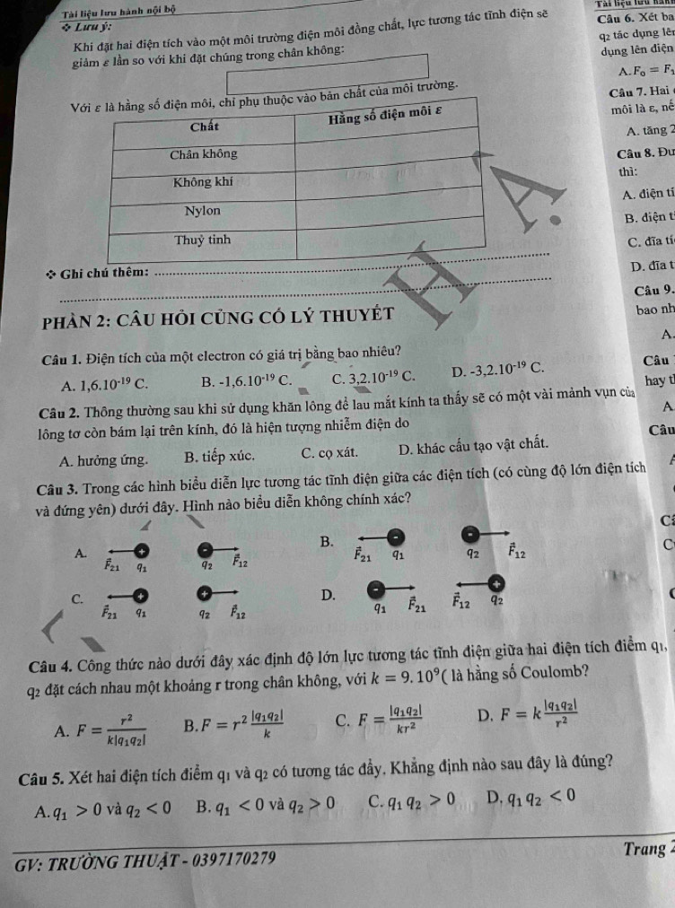 Tài liệu lưu hành nội bộ
* Lưu ý: Tai hệu têu lăm
Khi đặt hai điện tích vào một môi trường điện môi đồng chất, lực tương tác tĩnh điện sẽ Cầu 6. Xét ba
dụng lên diện
giảm ε lần so với khi đặt chúng trong chân không: q2 tác dụng lê
A. F_0=F_1
Vất của môi trường.
Câu 7. Hai
môi là ε, nế
A. tāng 2
Câu 8. Đu
thì:
A. điện tí
B. điện t
* Ghi chú thêm:C. đĩa tí
D. đĩa t
Câu 9.
phàn 2: cÂu hỏi củng có lý thuyÉT
bao nh
A
Câu 1. Điện tích của một electron có giá trị bằng bao nhiêu?
A. 1,6.10^(-19)C. B. -1,6.10^(-19)C. C. 3,2.10^(-19)C. D. -3,2.10^(-19)C.
Câu
Câu 2. Thông thường sau khi sử dụng khăn lông để lau mắt kính ta thấy sẽ có một vài mảnh vụn của hay t
A
lông tơ còn bám lại trên kính, đó là hiện tượng nhiễm điện do
Câu
A. hưởng ứng. B. tiếp xúc. C. cọ xát. D. khác cấu tạo vật chất.
Câu 3. Trong các hình biểu diễn lực tương tác tĩnh điện giữa các điện tích (có cùng độ lớn điện tích
và đứng yên) dưới đây. Hình nào biểu diễn không chính xác?
C
B.
A.
vector F_21
vector F_21 q_1 overline q_2 overline F_12 q_1 92 vector F_12 C
C.
D.
(
overline F_21 q_1 92 hat F_12
q_1 vector F_21 vector F_12 q_2
Câu 4. Công thức nào dưới đây xác định độ lớn lực tương tác tĩnh điện giữa hai điện tích điểm qi,
q2 đặt cách nhau một khoảng r trong chân không, với k=9.10^9 (  là hầng số Coulomb?
A. F=frac r^2k|q_1q_2| B. F=r^2frac |q_1q_2|k C. F=frac |q_1q_2|kr^2 D. F=kfrac |q_1q_2|r^2
Câu 5. Xét hai điện tích điểm q1 và q2 có tương tác đầy, Khẳng định nào sau đây là đúng?
A. q_1>0 và q_2<0</tex> B. q_1<0</tex> và q_2>0 C. q_1q_2>0 D. q_1q_2<0</tex>
GV: TRưỜNG THUậT - 0397170279
Trang