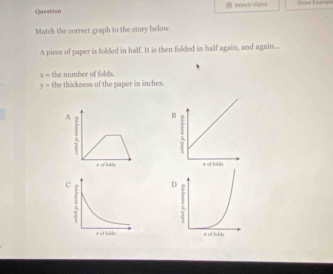 Question © Watch Video Show Exampl 
Match the correct graph to the story below. 
A piece of paper is folded in half. It is then folded in half again, and again...
x= the number of folds.
y= the thickness of the paper in inches. 
A 
# of folds