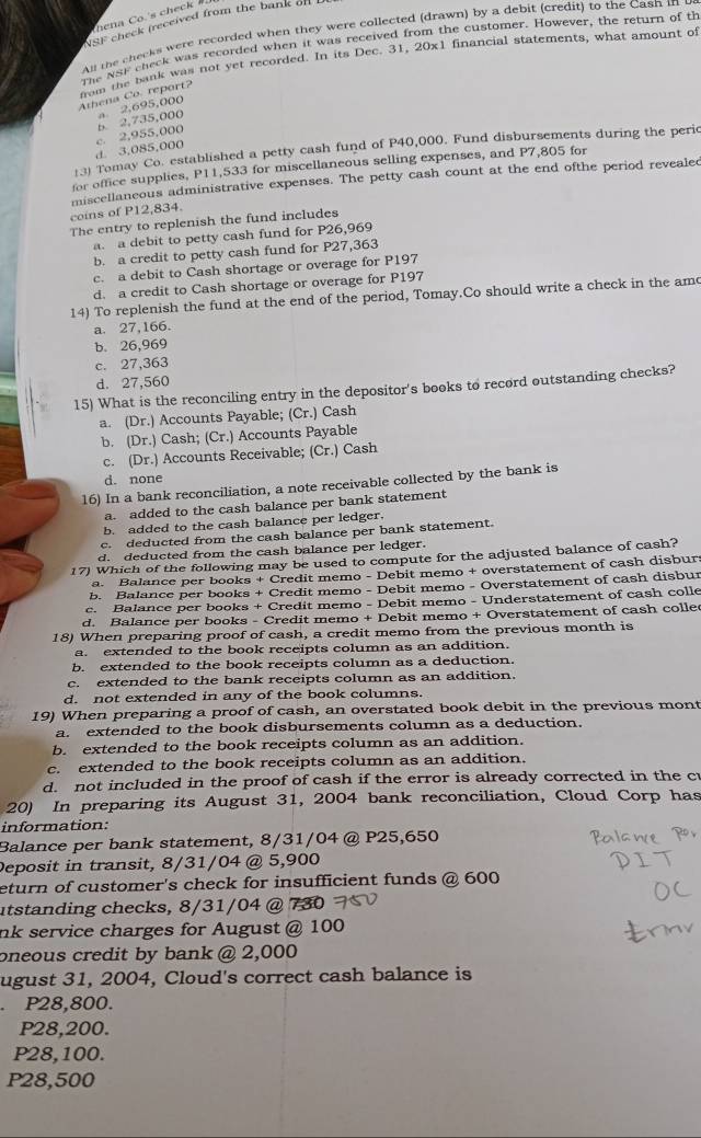 WSF check (received from the bank on
All the checks were recorded when they were collected (drawn) by a debit (credit) to the Cash in
The NSF check was recorded when it was received from the customer. However, the return of th
from the bank was not yet recorded. In its Dec. 31, 20x1 financial statements, what amount of
Athena Co. report?
d 3,085,000 c. 2,955,000 b. 2,735,000 a. 2,695,000
13) Tomay Co. established a petty cash fund of P40,000. Fund disbursements during the peric
for office supplies, P11,533 for miscellaneous selling expenses, and P7,805 for
coins of P12,834. miscellaneous administrative expenses. The petty cash count at the end ofthe period revealed
The entry to replenish the fund includes
a. a debit to petty cash fund for P26,969
b. a credit to petty cash fund for P27,363
c. a debit to Cash shortage or overage for P197
d. a credit to Cash shortage or overage for P197
14) To replenish the fund at the end of the period, Tomay.Co should write a check in the amo
a. 27,166.
b. 26,969
c. 27,363
d. 27,560
15) What is the reconciling entry in the depositor's books to record outstanding checks?
a. (Dr.) Accounts Payable; (Cr.) Cash
b. (Dr.) Cash; (Cr.) Accounts Payable
c. (Dr.) Accounts Receivable; (Cr.) Cash
d. none
16) In a bank reconciliation, a note receivable collected by the bank is
a. added to the cash balance per bank statement
b. added to the cash balance per ledger.
c. deducted from the cash balance per bank statement.
d. deducted from the cash balance per ledger.
17) Which of the following may be used to compute for the adjusted balance of cash?
a. Balance per books + Credit memo - Debit memo + overstatement of cash disburs
b. Balance per books + Credit memo - Debit memo - Overstatement of cash disbur
c. Balance per books + Credit memo - Debit memo - Understatement of cash colle
d. Balance per books - Credit memo + Debit memo + Overstatement of cash colle
18) When preparing proof of cash, a credit memo from the previous month is
a. extended to the book receipts column as an addition.
b. extended to the book receipts column as a deduction.
c. extended to the bank receipts column as an addition.
d. not extended in any of the book columns.
19) When preparing a proof of cash, an overstated book debit in the previous mont
a. extended to the book disbursements column as a deduction.
b. extended to the book receipts column as an addition.
c. extended to the book receipts column as an addition.
d. not included in the proof of cash if the error is already corrected in the c
20) In preparing its August 31, 2004 bank reconciliation, Cloud Corp has
information:
Balance per bank statement, 8/31/04 @ P25,650
Deposit in transit, 8/31/04 @ 5,900
eturn of customer's check for insufficient funds @ 600
utstanding checks, 8/31/04 @ 730
nk service charges for August @ 100
oneous credit by bank @ 2,000
ugust 31, 2004, Cloud's correct cash balance is
P28,800.
P28,200.
P28,100.
P28,500