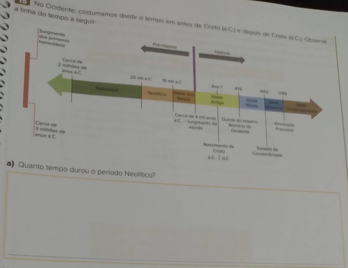 a linha do tempo a seguir 
No Ocidente, costumamos dividir o tempo em ant 
a) Quanto tempo durou o período Neolítico?