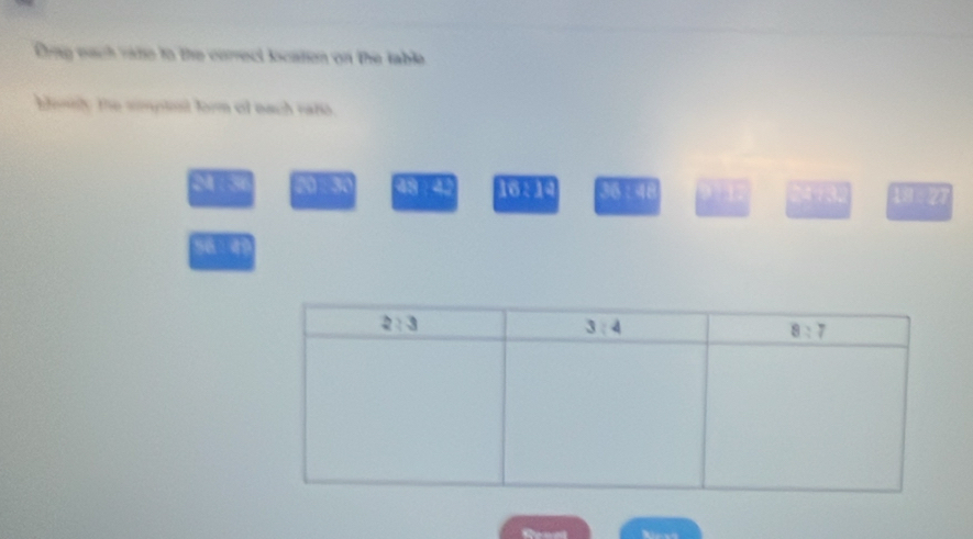 Orng each vite to the correci location on the table 
bfonnly the simpinst form of each vatio.
v]8 45:42 DBI 36 : 48 9 12 24÷3 1:1:3
56 4í