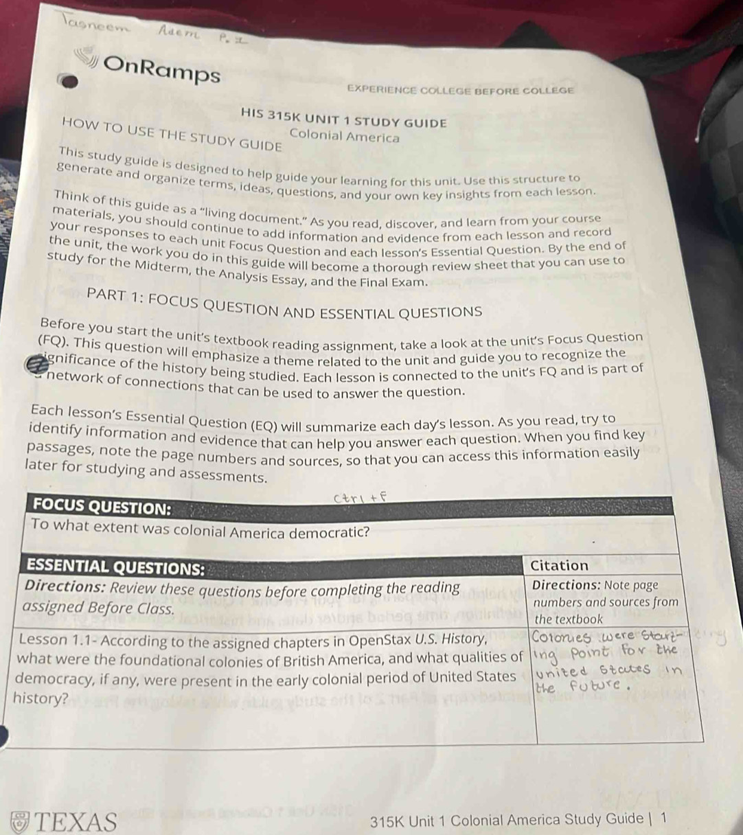 Solved: OnRamps EXPERIENCE COLLEGE BEFORE COLLEGE HIS 315K UNIT 1 STUDY ...