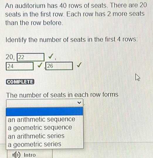 Solved: An auditorium has 40 rows of seats. There are 20 seats in the ...