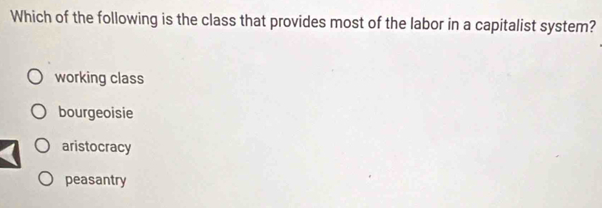 Which of the following is the class that provides most of the labor in a capitalist system?
working class
bourgeoisie
aristocracy
peasantry