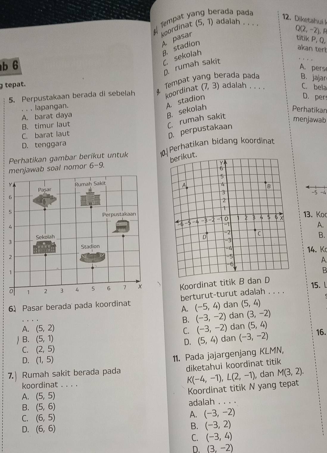 Tempaty erada pada
12.Diketahui 
koordinat (5,1) adalah . . . .
Q(2,-2) F
A. pasar
titik P,Q,
B. stadion
akan ter
b 6
C. sekolah
D. rumah sakit
_
A. pers
g tepat. adalah . . . .
5. Perpustakaan berada di sebelah 9, Tempat yang berada pada
B. jajar
koordinat (7,3)
C. bela
. . . lapangan.
A. stadion
D.pers
A. barat daya
B. sekolah Perhatikan
B. timur laut
C. rumah sakit
menjawab
C. barat laut
D. perpustakaan
D. tenggara
Perhatikan gambar berikut untuk 10. Perhatikan bidang koordinat
menjawab soal nomor 6- 9.
-5 -4
13. Koo
A.
B.
14. K
A
B
、 Koordinat titik B dan D
15.
6. Pasar berada pada koordinat berturut-turut adalah . . . .
A. (-5,4) dan (5,4)
B. (-3,-2) dan (3,-2)
A. (5,2) C. (-3,-2) dan (5,4)
B. (5,1) (5,4) dan (-3,-2)
16.
D.
C. (2,5)
D. (1,5)
11. Pada jajargenjang KLMN,
diketahui koordinat titik
7.) Rumah sakit berada pada
koordinat . . . .
K(-4,-1),L(2,-1) , dan M(3,2).
Koordinat titik N yang tepat
A. (5,5)
B. (5,6) adalah . . . .
C. (6,5)
A. (-3,-2)
D. (6,6)
B. (-3,2)
C. (-3,4)
D. (3,-2)