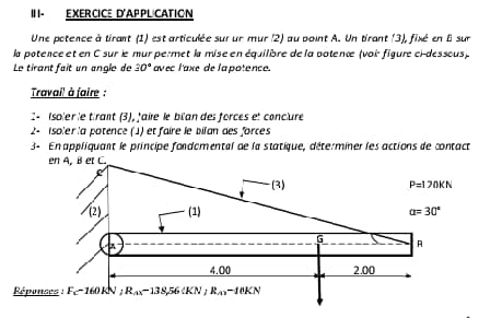 II - EXERCICE D'APPL CATION 
Une potence à tirant (1) est articulée sur ur mur !2) au point A. Un tirant (3), fixé en 8 sur 
la potence et en C sur le mur permet la mise en équilibre de la potenœ (voir figure ci-dessous), 
Le tirant fait un angle de 30° avec l'axe de lapotence. 
Travai' à faire : 
2 Isoier le tirant (3), faie le bilan des forces et conclure 
2- Isolerla potence (1) et faire le biïan des forces 
3- En appliquant le principe fordomental de la statique, déterminer les actions de contact 
en A, B et C. 
(3)
P=120KN
(2) (1) alpha =30°
G 
A 
A 
4.00 2.00 
Réponses : F_C-160kN ;R_7-138,56-138,56 R_An-1eKN