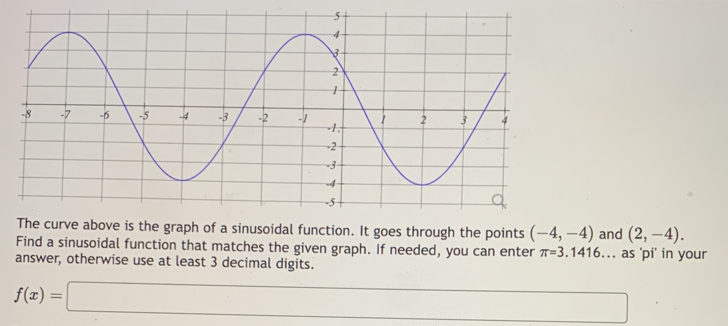 The curve above is the graph of a sinusoidal function. It goes through the points (-4,-4) and (2,-4). 
Find a sinusoidal function that matches the given graph. If needed, you can enter π =3.1416.. as 'pi' in your 
answer, otherwise use at least 3 decimal digits.
f(x)=□