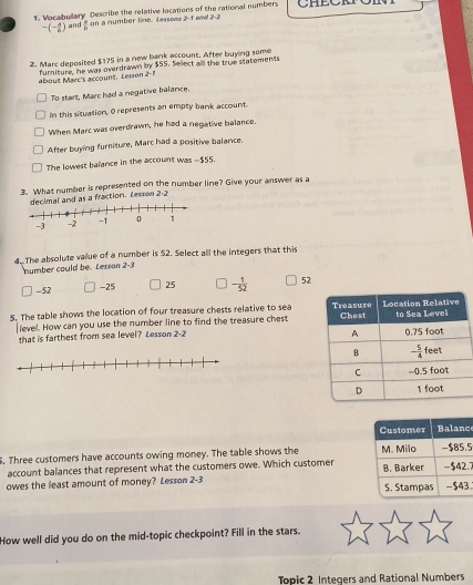 Vocabullary Describe the relative locations of the rational numbers
-(- a/b ) and  a/b  on a number line. Lessox 2- 1 ad 2-2
2. Marc deposited $175 in a new bank account. After buying some
about Marc's account. terron 2-1 furniture, he was overdrawn by $55. Select alll the true statemen ts
To start, Marc had a negative balance
In this situation, O represents an empty bank account
When Marc was overdrawn, he had a negative balance.
After buying furniture, Marc had a positive balance.
The lowest balance in the account was -$55.
3. What number is represented on the number line? Give your answer as a
al and as a fraction. Lesson 2-2
4. The absolute value of a number is 52. Select all the integers that this
number could be. Lesson 2-
-52 25 - 1/52  52
-25
5. The table shows the location of four treasure chests relative to sea 
level. How can you use the number line to find the treasure chest
that is farthest from sea level? Lesson 2-2 
Customer Balance
. Three customers have accounts owing money. The table shows the M. Milo -$85.5
account balances that represent what the customers owe. Which customer B. Barker -$42.7
owes the least amount of money? Lesson 2-3 S. Stampas -$43。
How well did you do on the mid-topic checkpoint? Fill in the stars.
Topic 2 Integers and Rational Numbers