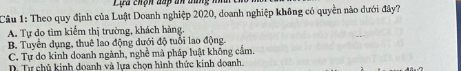 Lựa chợn đấp an đung n 
Câu 1: Theo quy định của Luật Doanh nghiệp 2020, doanh nghiệp không có quyền nào dưới đây?
A. Tự do tìm kiếm thị trường, khách hàng.
B. Tuyển dụng, thuê lao động dưới độ tuổi lao động.
C. Tự do kinh doanh ngành, nghề mà pháp luật không cấm.
D. Tự chủ kinh doanh và lựa chọn hình thức kinh doanh.