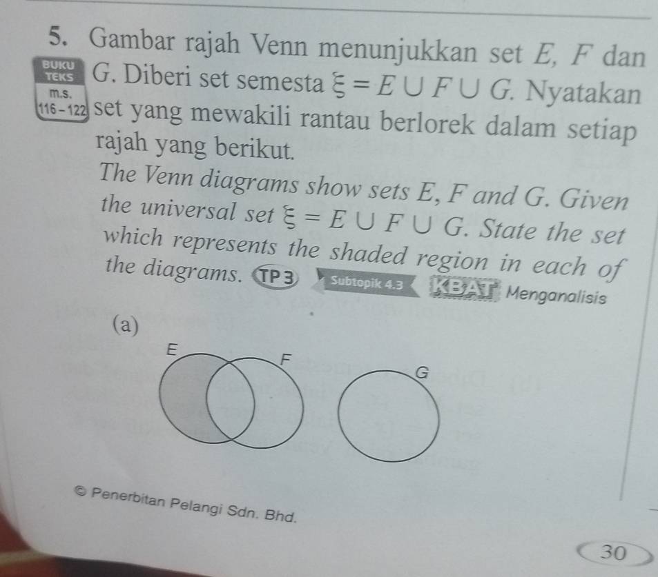 Gambar rajah Venn menunjukkan set E, F dan 
BUKU G. Diberi set semesta xi =E∪ F∪ G. . Nyatakan 
TEKS 
m. s. 
116- 122 set yang mewakili rantau berlorek dalam setiap 
rajah yang berikut. 
The Venn diagrams show sets E, F and G. Given 
the universal set xi =E∪ F∪ G. State the set 
which represents the shaded region in each of 
the diagrams. TP3 Subtopik 4.3 Menganalisis 
(a) 
Penerbitan Pelangi Sdn. Bhd. 
30