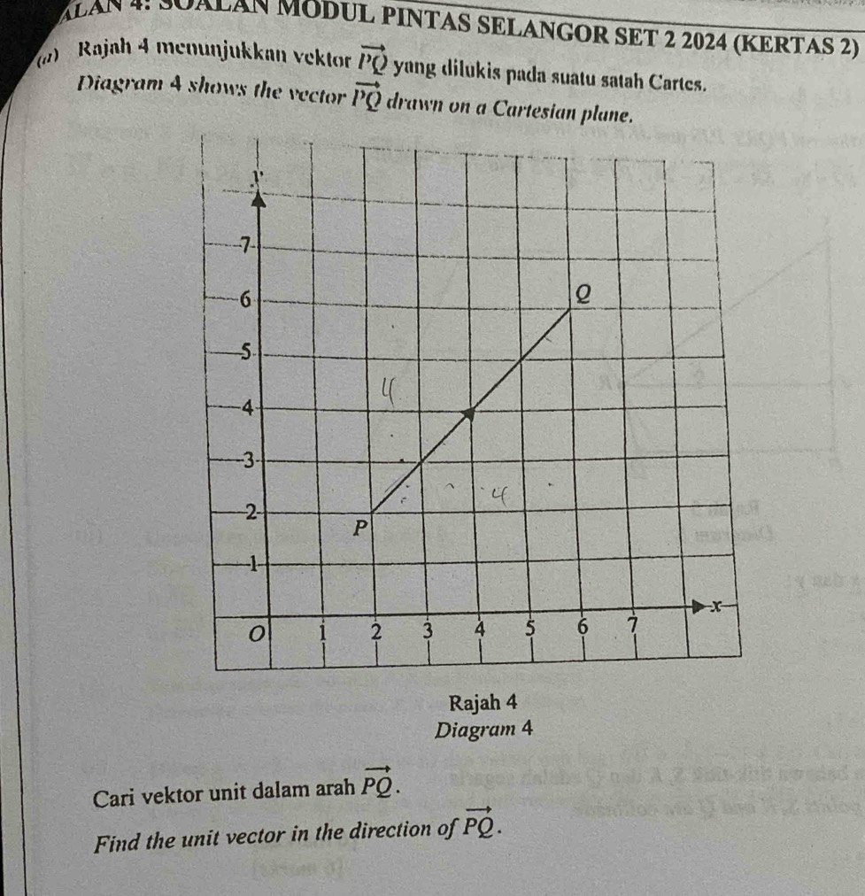 ÁlAN 4: SUALAN MODUL PINTAS SELANGOR SET 2 2024 (KERTAS 2) 
Rajah 4 menünjukkan vektor vector PQ y ang dilúkis pada suatu satah Cartes. 
Diagram 4 shows the vector vector PQ drawn on a Cartesian plane. 
Rajah 4 
Diagram 4 
Cari vektor unit dalam arah vector PQ. 
Find the unit vector in the direction of vector PQ.