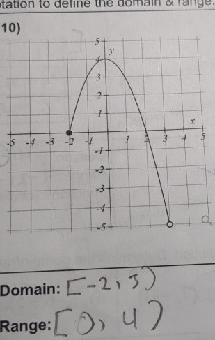 Solved: tation to define the domain & range. 10) -5 Domain: Range: [Math]