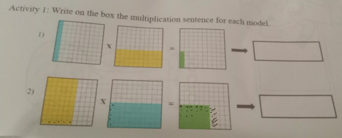 Activity 1: Write on the box the multiplication sentence for each model. 
1 )
=
2)
X
=