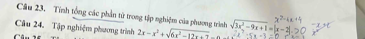 Tính tổng các phần tử trong tập nghiệm của phương trình sqrt(3x^2-9x+1)=|x-2
Câu 24. Tập nghiệm phương trình 2x-x^2+sqrt(6x^2-12x+7)=
Câu