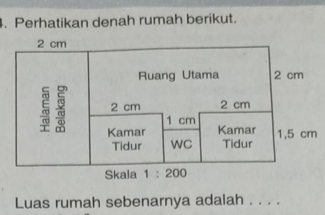 Perhatikan denah rumah berikut.
2 cm
Ruang Utama 2 cm
2 cm 2 cm
1 cm
Kamar Kamar 1,5 cm
Tidur wC Tidur 
Skala 1:200
Luas rumah sebenarnya adalah . . . .