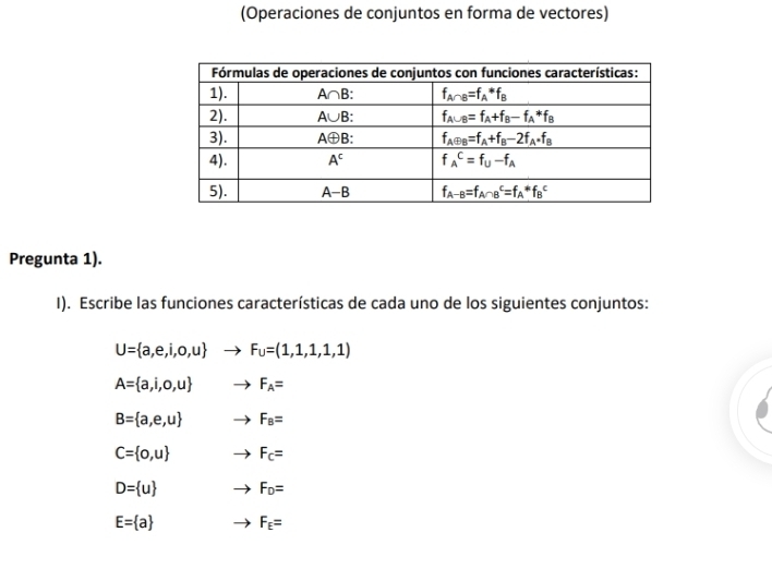 (Operaciones de conjuntos en forma de vectores)
Pregunta 1).
I). Escribe las funciones características de cada uno de los siguientes conjuntos:
U= a,e,i,0,u to F_U=(1,1,1,1,1)
A= a,i,o,u F_A=
B= a,e,u F_B=
C= 0,u F_c=
D= u F_D=
E= a F_E=