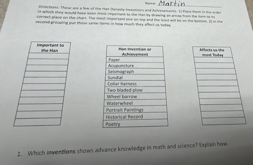 Name: 
_ 
Directions: These are a few of the Han Dynasty Inventions and Achievements. 1) Place them in the order 
in which they would have been most important to the Han by drawing an arrow from the item to its 
correct place on the chart. The most important one on top and the least will be on the bottom. 2) In the 
second grouping put those same items in how much they affect us today. 


1. Which inventions shows advance knowledge in math and science? Explain how.