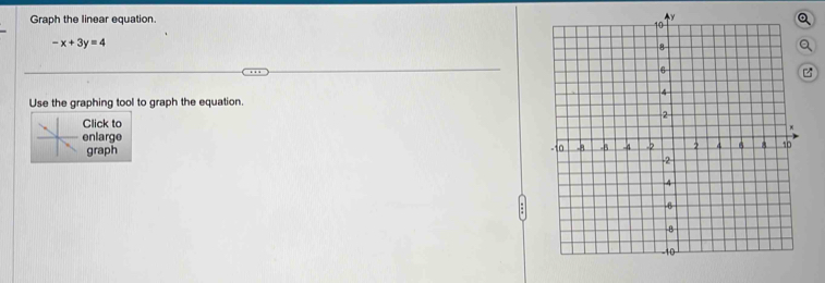 Graph the linear equation.
-x+3y=4
Use the graphing tool to graph the equation. 
Click to 
nlarge 
graph