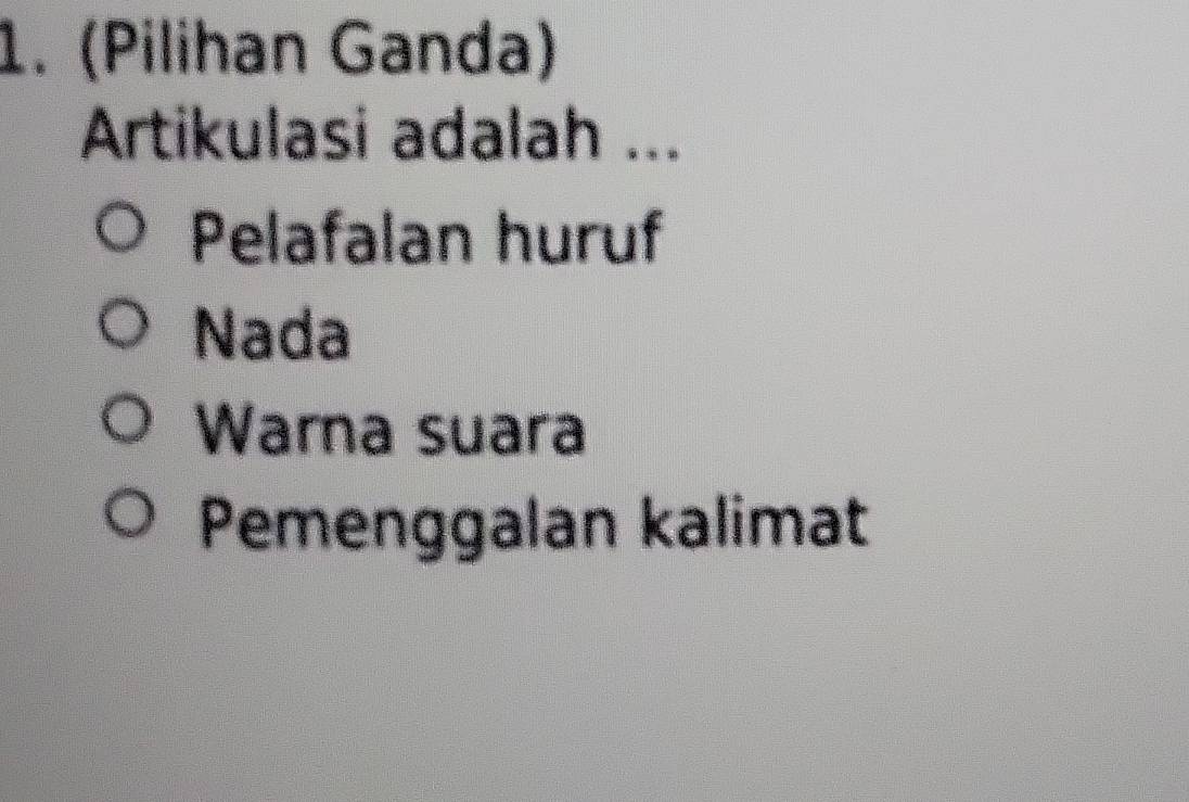 (Pilihan Ganda)
Artikulasi adalah ...
Pelafalan huruf
Nada
Warna suara
Pemenggalan kalimat