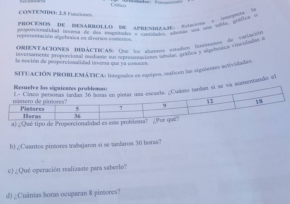 Secundaría Ariculador: Pensamiento 
Critico 
CONTENIDO: 2.5 Funciones. 
PROCESOS DE DESARROLLO DE APRENDIZAJE: Relaciona e interpreta la 
proporcionalidad inversa de dos magnitudes o cantidades, además usa una tabla, gráfica o 
representación algebraica en diversos contextos. 
ORIENTACIONES DIDÁCTICAS: Que los alumnos estudien fenómenos de variación 
inversamente proporcional mediante sus representaciones tabular, gráfica y algebraíca vinculadas a 
la noción de proporcionalidad inversa que ya conocen. 
SITUACIÓN PROBLEMÁTICA: Integrados en equipos, realicen las siguientes actividades. 
umentando el 
a) ¿Qué tipo de Proporcionalidad 
b) ¿Cuantos pintores trabajaron si se tardaron 30 horas? 
c) ¿Qué operación realizaste para saberlo? 
d) ¿Cuántas horas ocuparan 8 pintores?