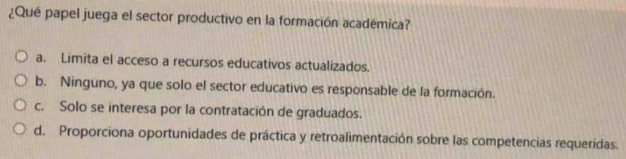 ¿Qué papel juega el sector productivo en la formación académica?
a. Limita el acceso a recursos educativos actualizados.
b. Ninguno, ya que solo el sector educativo es responsable de la formación.
c. Solo se interesa por la contratación de graduados.
d. Proporciona oportunidades de práctica y retroalimentación sobre las competencias requeridas.